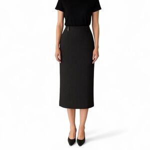 Dana Buchman Woven Herringbone Black Gray Long Leather Belt Button Tab Skirt